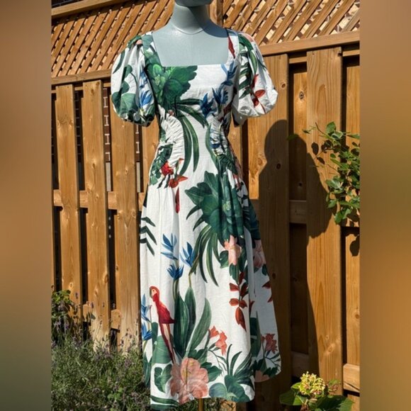 🆕 FARM Rio 🧿 NWOT Midnight Macaw Fiesta Linen Puff-Sleeve Midi Dress, Sz XXS - Picture 10 of 16